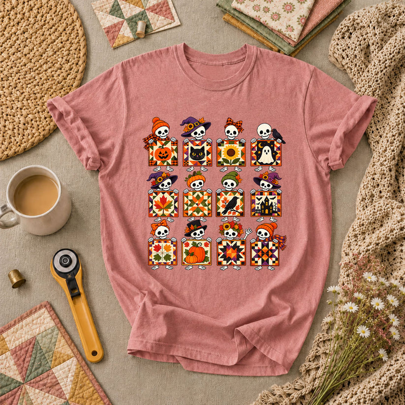 Halloween Skeleton Quilt Block Grid T-Shirt - Heather Mauve