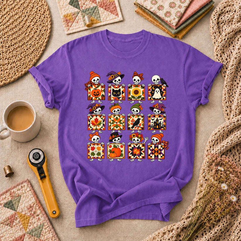 Halloween Skeleton Quilt Block Grid T-Shirt - Heather Team Purple