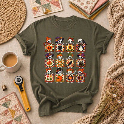 Halloween Skeleton Quilt Block Grid T-Shirt - Military Green