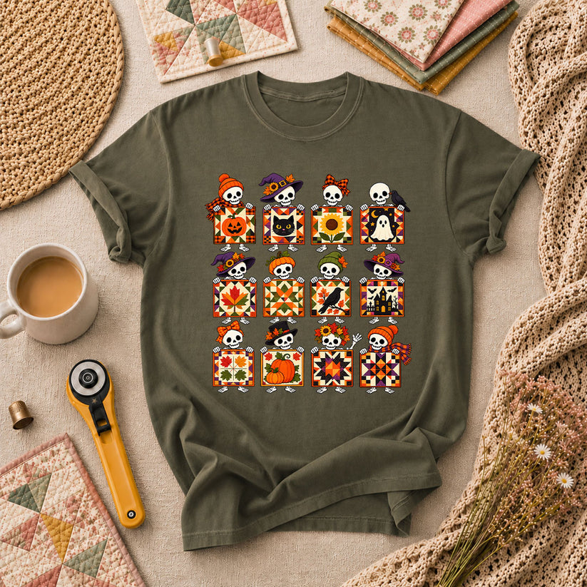 Halloween Skeleton Quilt Block Grid T-Shirt - Military Green