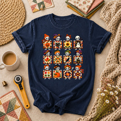 Halloween Skeleton Quilt Block Grid T-Shirt - Navy