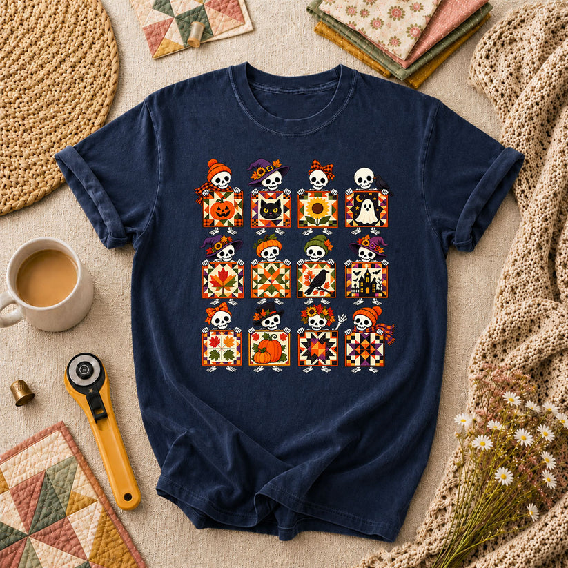 Halloween Skeleton Quilt Block Grid T-Shirt - Navy