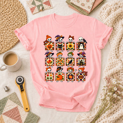 Halloween Skeleton Quilt Block Grid T-Shirt - Pink