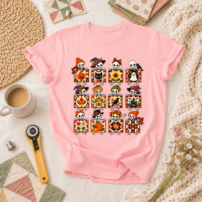 Halloween Skeleton Quilt Block Grid T-Shirt - Pink