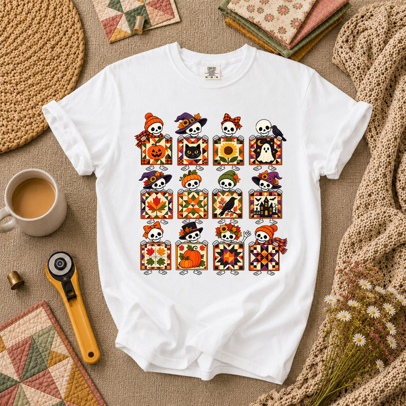 Halloween Skeleton Quilt Block Grid T-Shirt - White