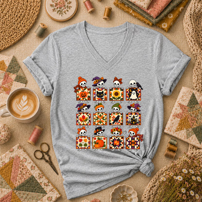 Halloween Skeleton Quilt Block Grid Women's V-Neck - Athletic Heather