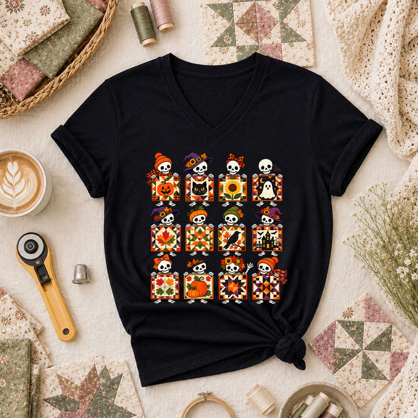 Halloween Skeleton Quilt Block Grid Women's V-Neck - Black