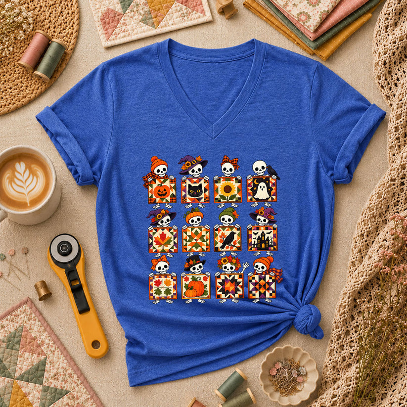 Halloween Skeleton Quilt Block Grid Women's V-Neck - Heather True Royal