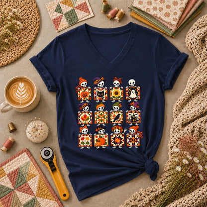 Halloween Skeleton Quilt Block Grid Women's V-Neck - Navy