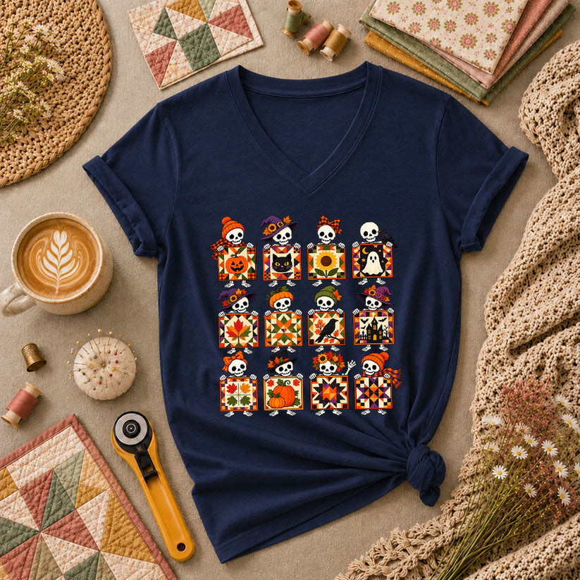 Halloween Skeleton Quilt Block Grid Women's V-Neck - Navy