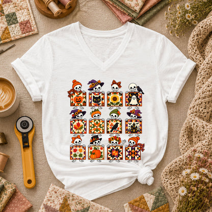 Halloween Skeleton Quilt Block Grid Women's V-Neck - White