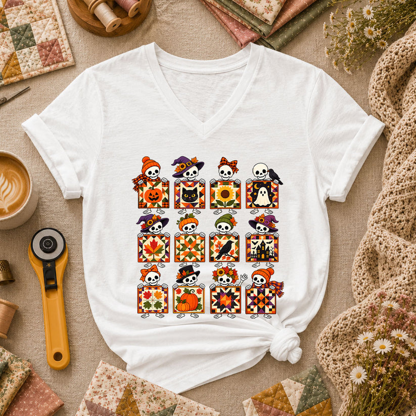 Halloween Skeleton Quilt Block Grid Women's V-Neck - White