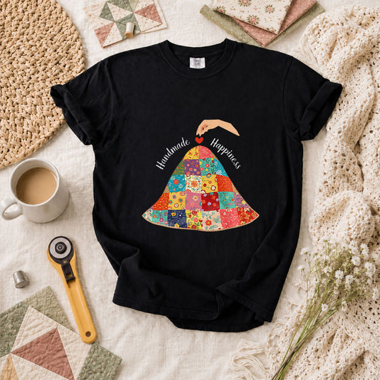Handmade Happiness Floral Patchwork Quilt T-Shirt - Black