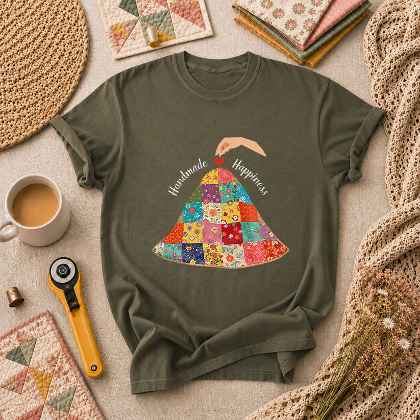 Handmade Happiness Floral Patchwork Quilt T-Shirt - Military Green