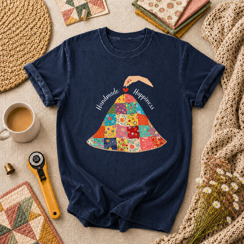 Handmade Happiness Floral Patchwork Quilt T-Shirt - Navy