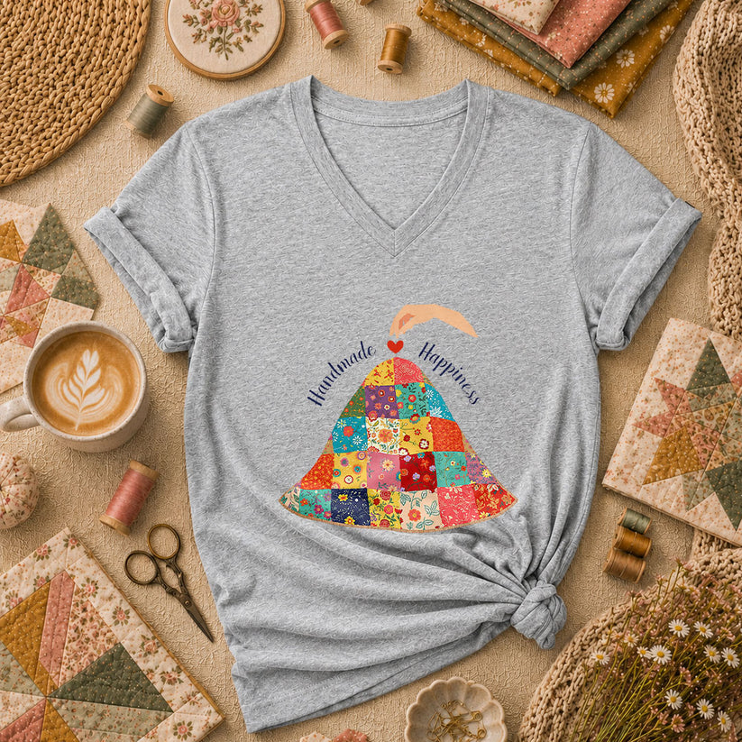 Handmade Happiness Floral Patchwork Quilt Women's V-Neck - Athletic Heather