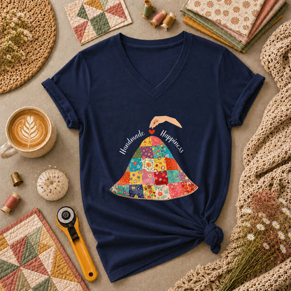 Handmade Happiness Floral Patchwork Quilt Women's V-Neck - Navy