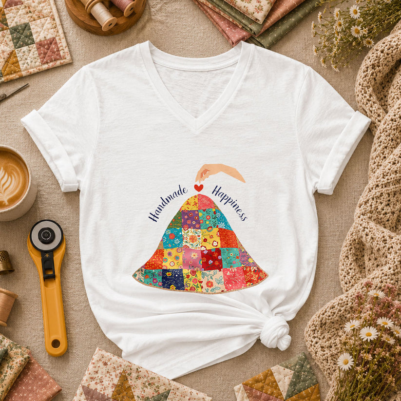 Handmade Happiness Floral Patchwork Quilt Women's V-Neck - White