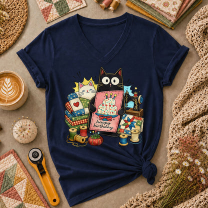 Happy Birthday Cat Women's V-Neck - Navy