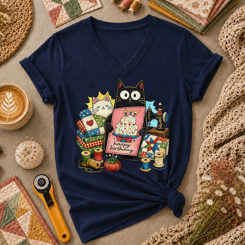 Happy Birthday Cat Women's V-Neck - Navy