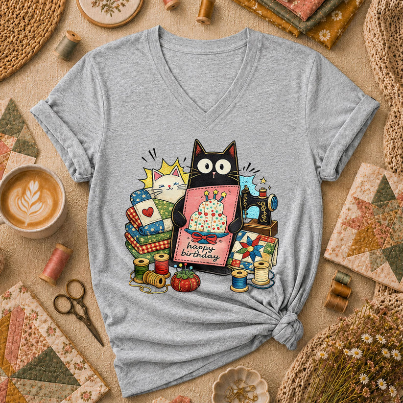 Happy Birthday Cat Women's V-Neck - Sport Grey