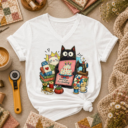 Happy Birthday Cat Women's V-Neck - White