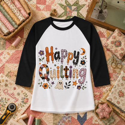 Happy Quilting Ghost Halloween Raglan Sleeve - Black