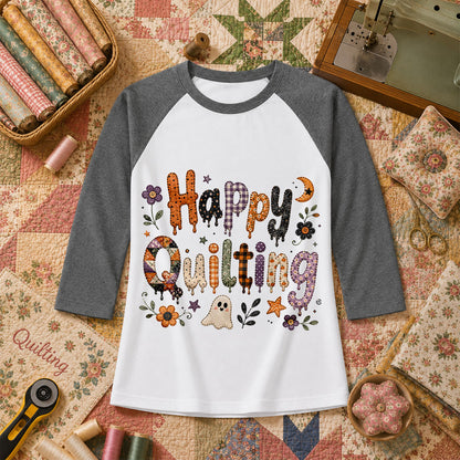 Happy Quilting Ghost Halloween Raglan Sleeve - Deep Heather