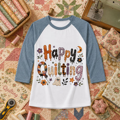 Happy Quilting Ghost Halloween Raglan Sleeve - Denim