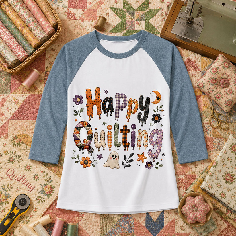 Happy Quilting Ghost Halloween Raglan Sleeve - Denim