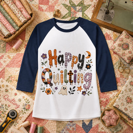 Happy Quilting Ghost Halloween Raglan Sleeve - Navy
