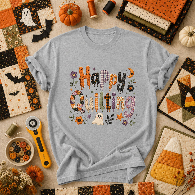 Happy Quilting Ghost Halloween T-Shirt - Athletic Heather