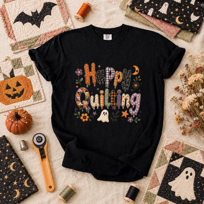 Happy Quilting Ghost Halloween T-Shirt - Black