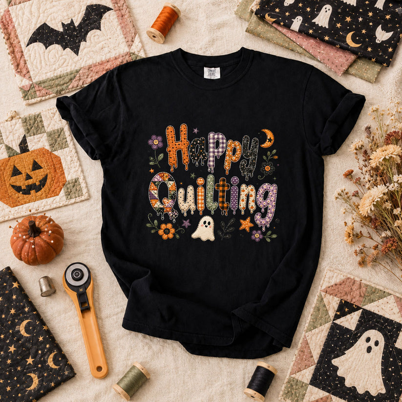 Happy Quilting Ghost Halloween T-Shirt - Black