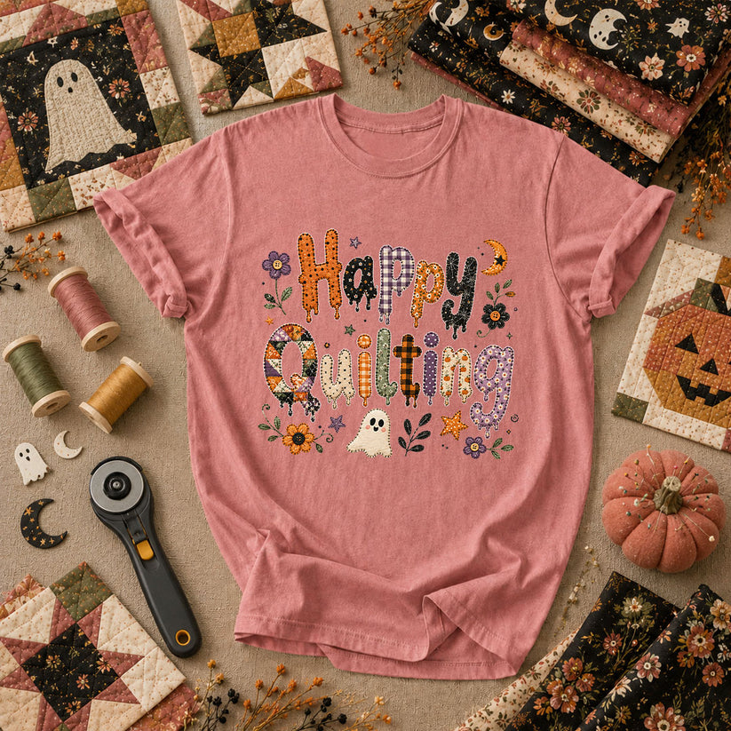 Happy Quilting Ghost Halloween T-Shirt - Heather Mauve