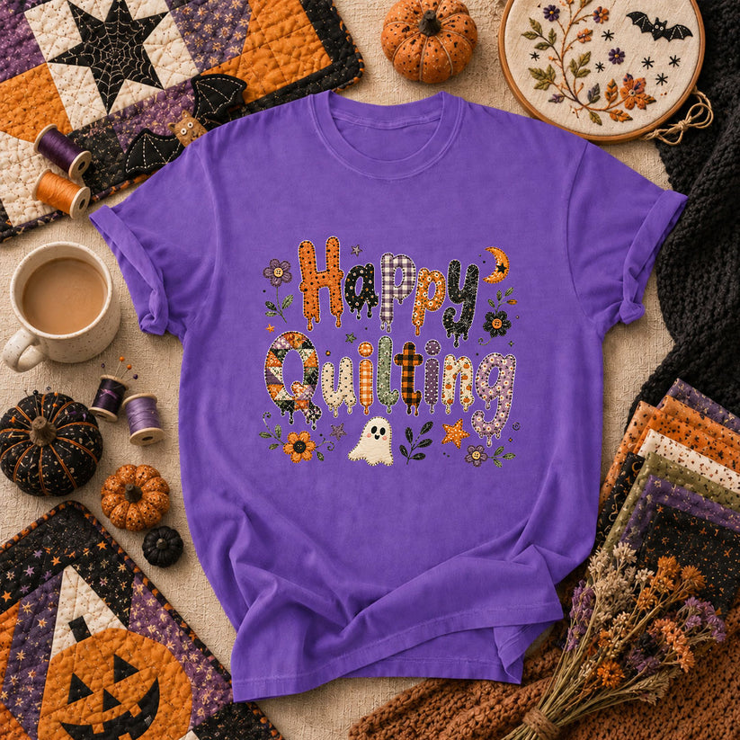 Happy Quilting Ghost Halloween T-Shirt - Heather Team Purple