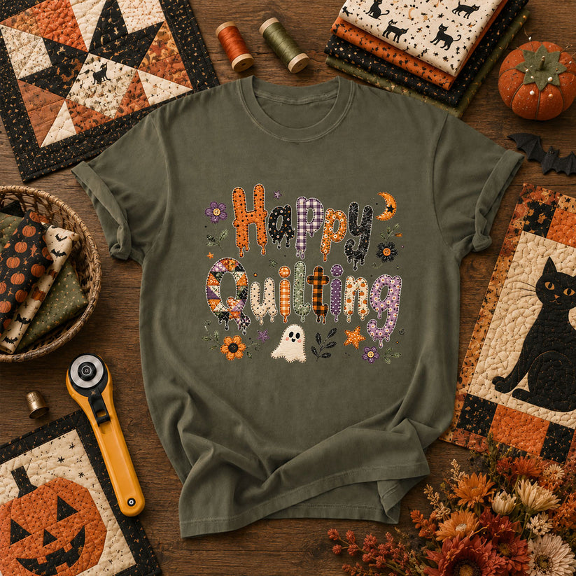 Happy Quilting Ghost Halloween T-Shirt - Military Green