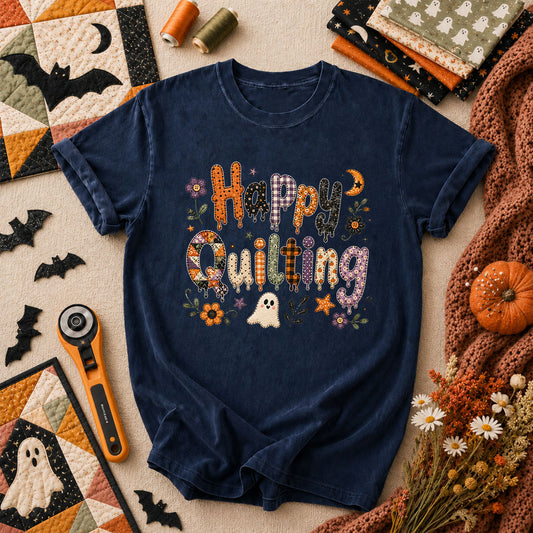 Happy Quilting Ghost Halloween T-Shirt - Navy