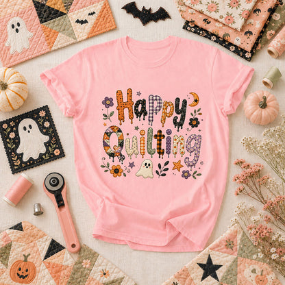 Happy Quilting Ghost Halloween T-Shirt - Pink