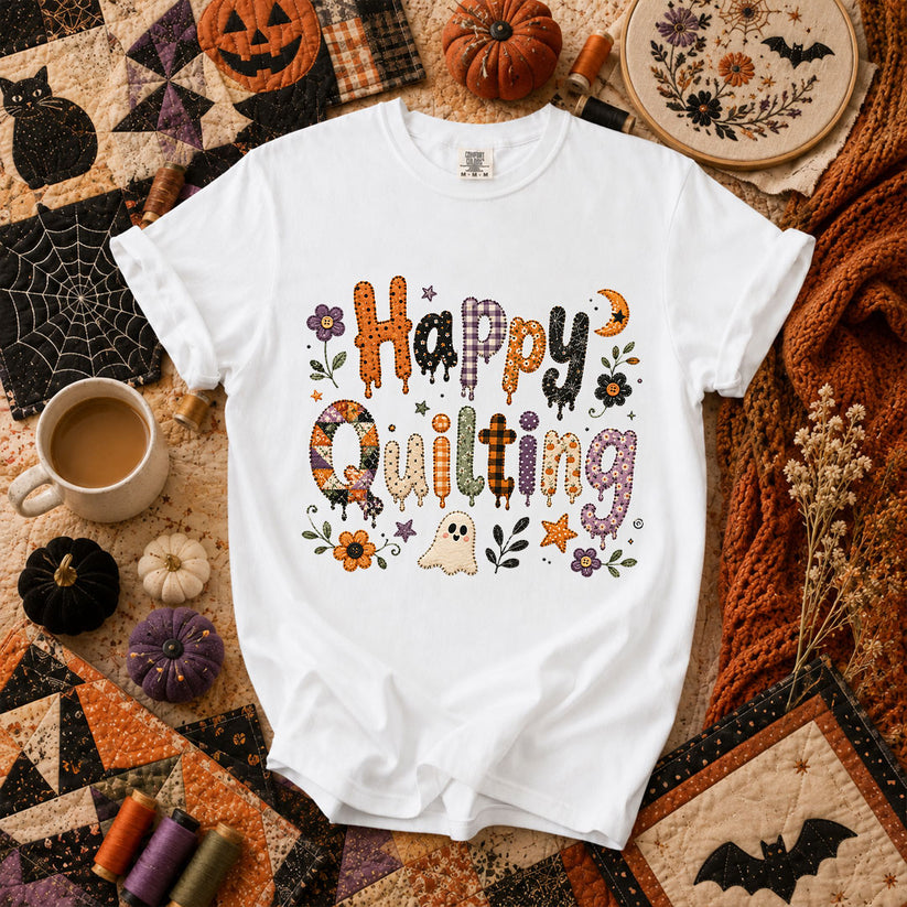 Happy Quilting Ghost Halloween T-Shirt - White