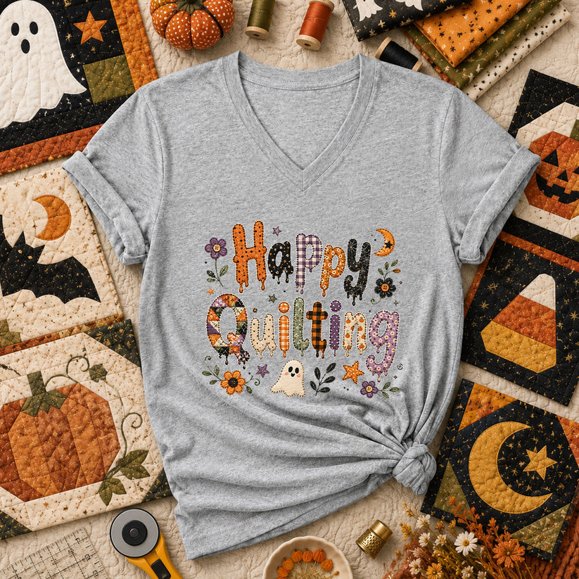 Happy Quilting Ghost Halloween Women's V-Neck - Athletic Heather