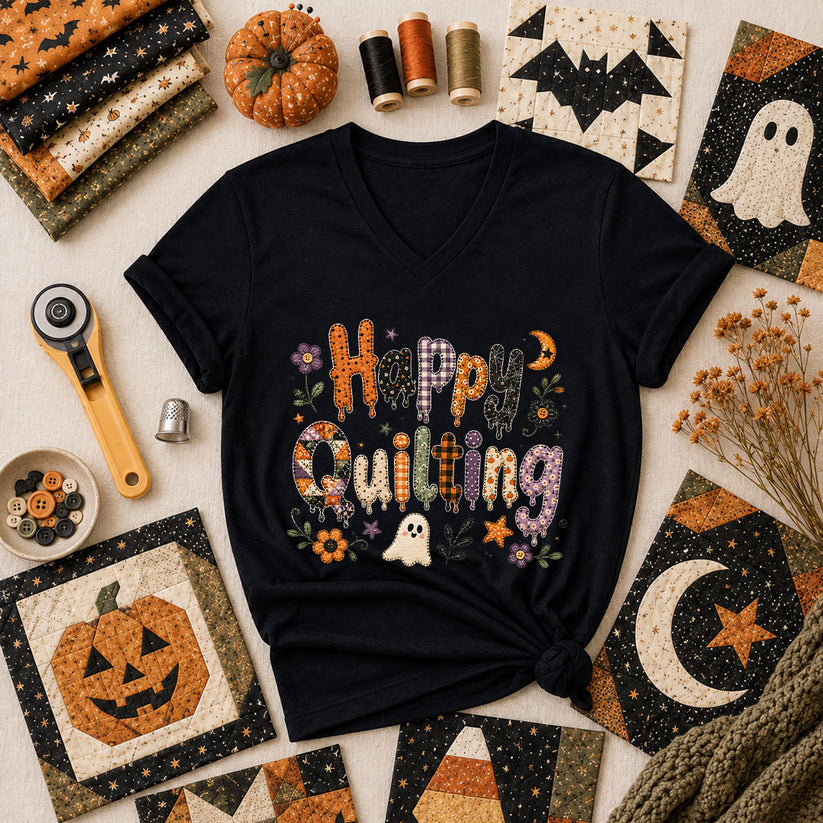 Happy Quilting Ghost Halloween Women's V-Neck - Black