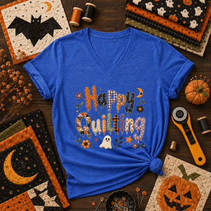 Happy Quilting Ghost Halloween Women's V-Neck - Heather True Royal