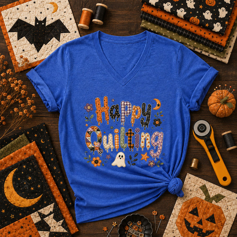 Happy Quilting Ghost Halloween Women's V-Neck - Heather True Royal