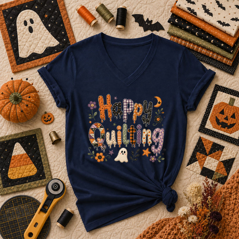 Happy Quilting Ghost Halloween Women's V-Neck - Navy