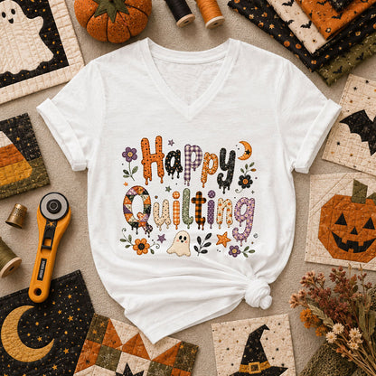 Happy Quilting Ghost Halloween Women's V-Neck - White