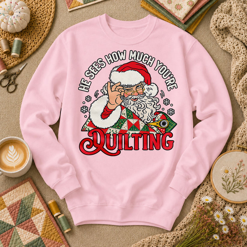 He Sees How Much You're Quilting Santa Long Sleeve - Light Pink