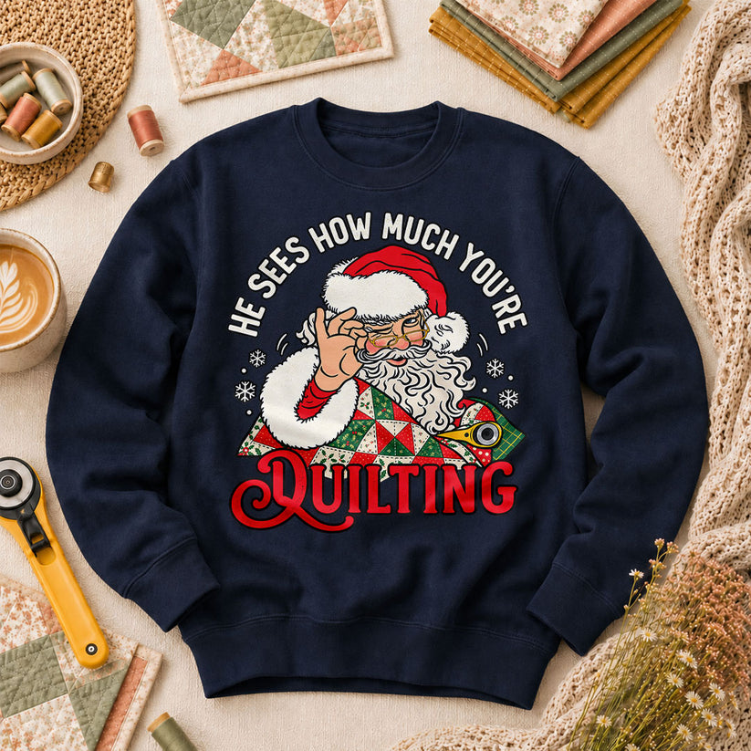 He Sees How Much You're Quilting Santa Long Sleeve - Navy
