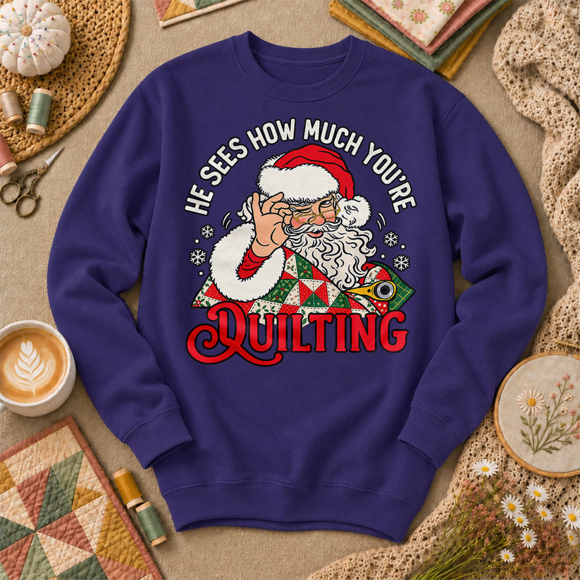 He Sees How Much You're Quilting Santa Long Sleeve - Purple