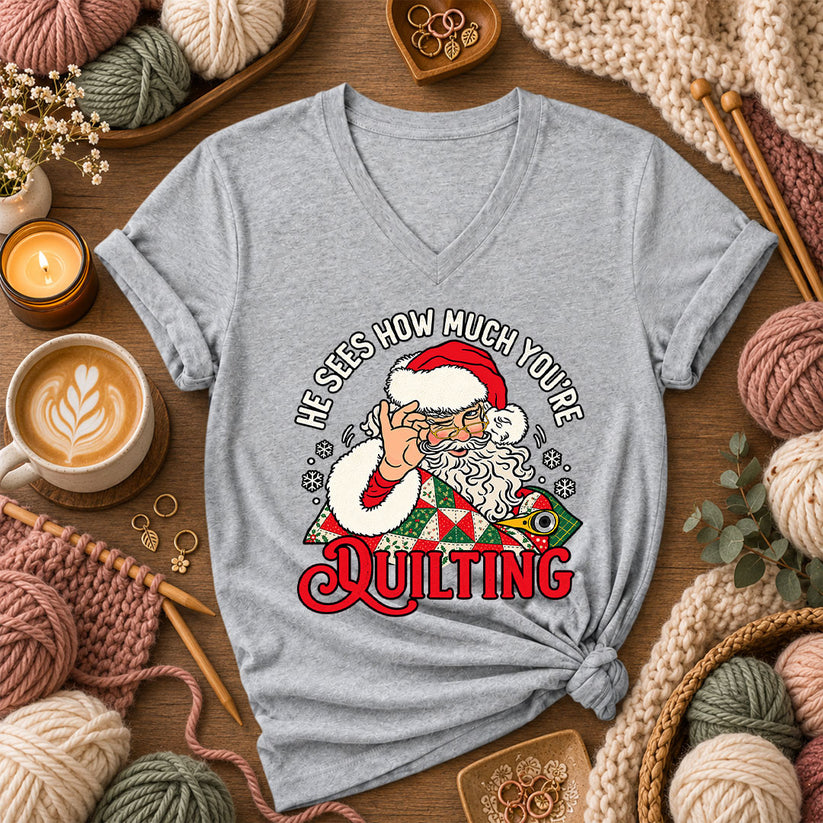 He Sees How Much You're Quilting Santa Women's V-Neck - Athletic Heather